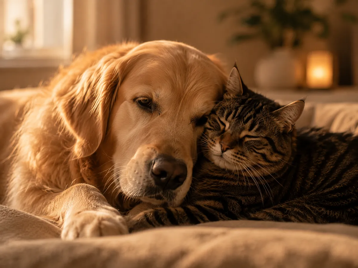 A cat and a dog close together in warm evening light