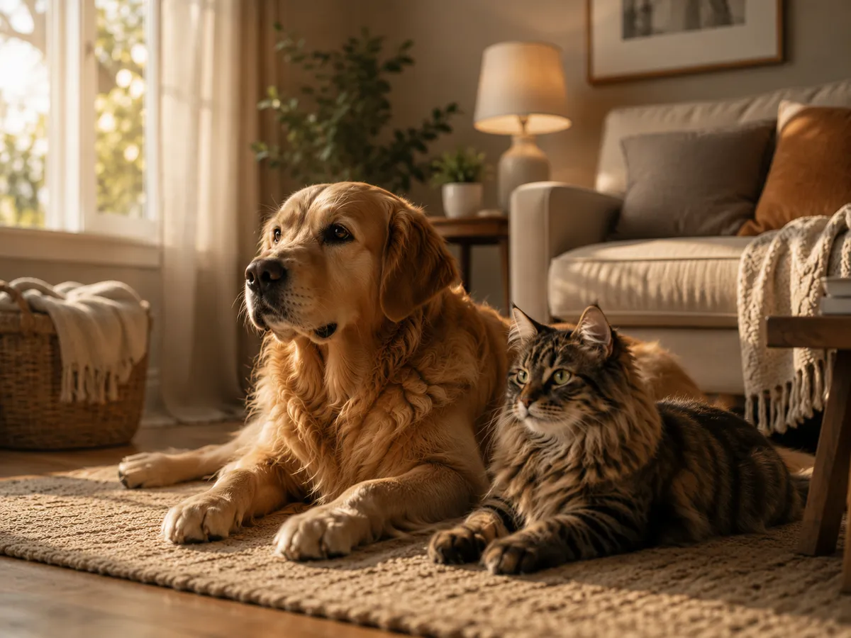 A cat and a golden retriever sharing the same room