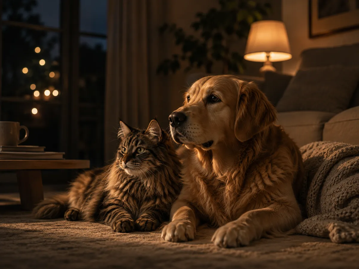 A dog and cat settled together in the low lamplight of an evening living room