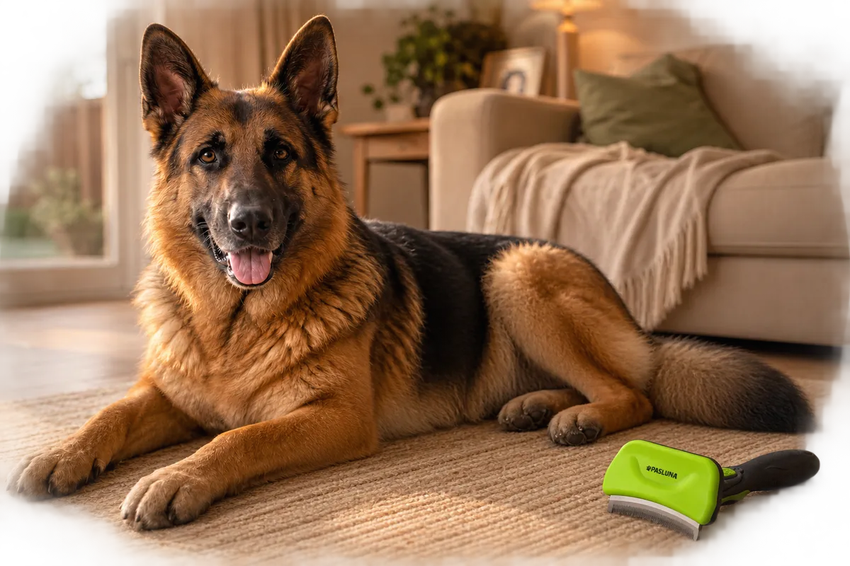 Max, a German Shepherd, resting indoors in warm light