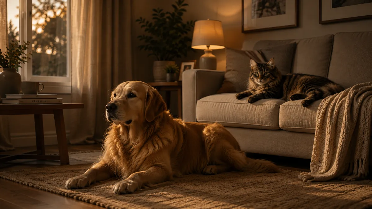 A golden retriever on the rug and a cat on the sofa in the same living room