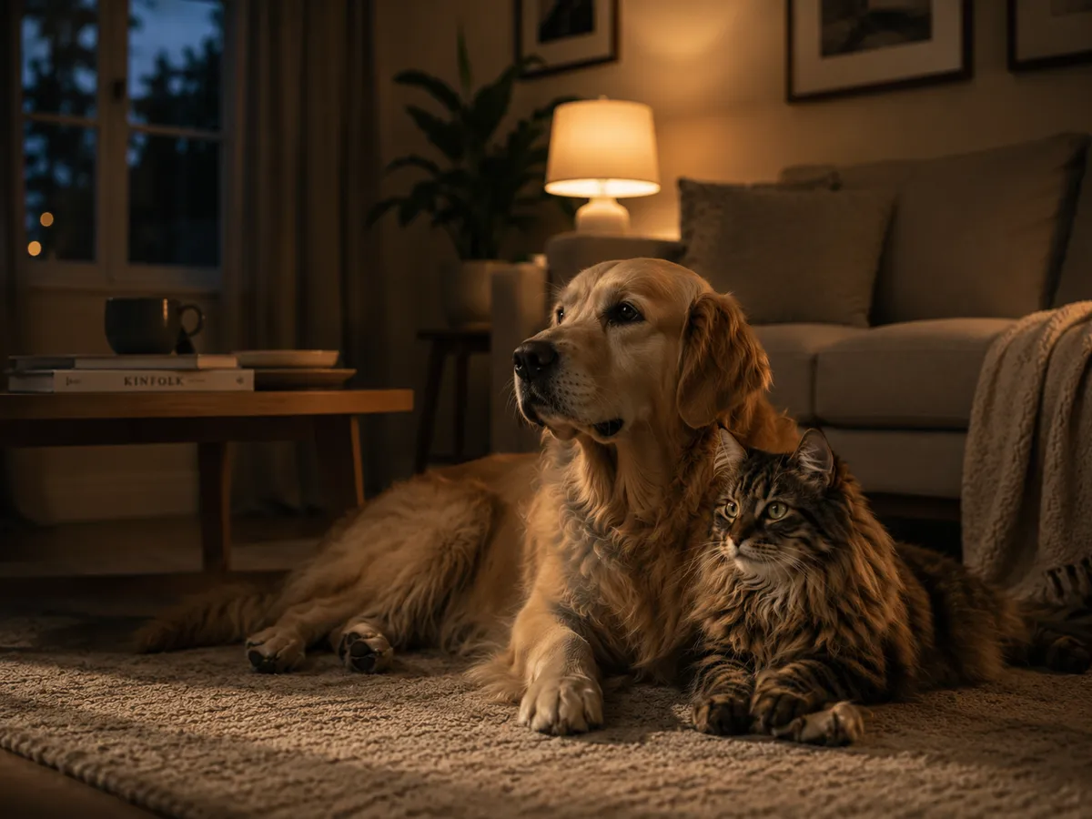 A quiet living room in the evening, lamp lit, waiting